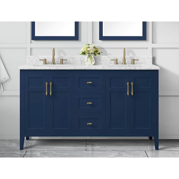 Home Decorators Collection Sturgess 61 in. W x 22 in. D x 35 in. H Double Sink Freestanding Bath Vanity in Navy Blue with Carrara Marble Top