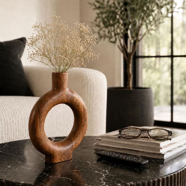 Liv & Skye Brown 12 in. Wood Geometric Donut Shaped Decorative Vase 17560-02