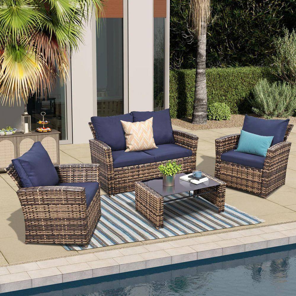4-Piece Brown Outdoor Wicker Conversation Sets with Blue Cushions and Coffee Table for Outside