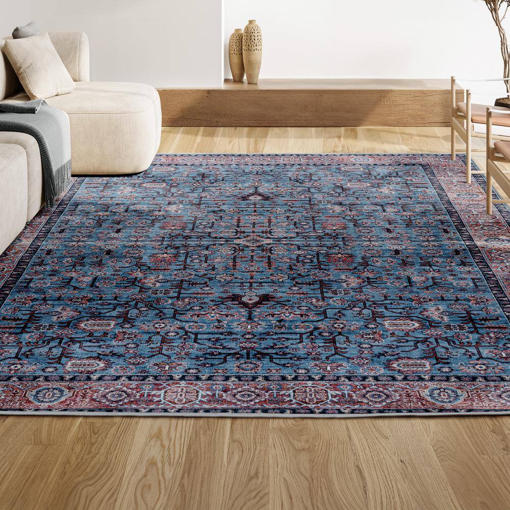 Kemer Persian Blue Red Brown Washable Chenille Area Rug 8' x 10'