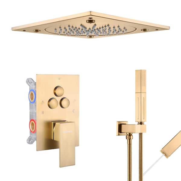 Vanfoxle Luxury Single Handle 5-Spray Shower Faucet 1.8 GPM 16 in. Square Ceiling Mounted with Pressure Balance in. Brushed Gold