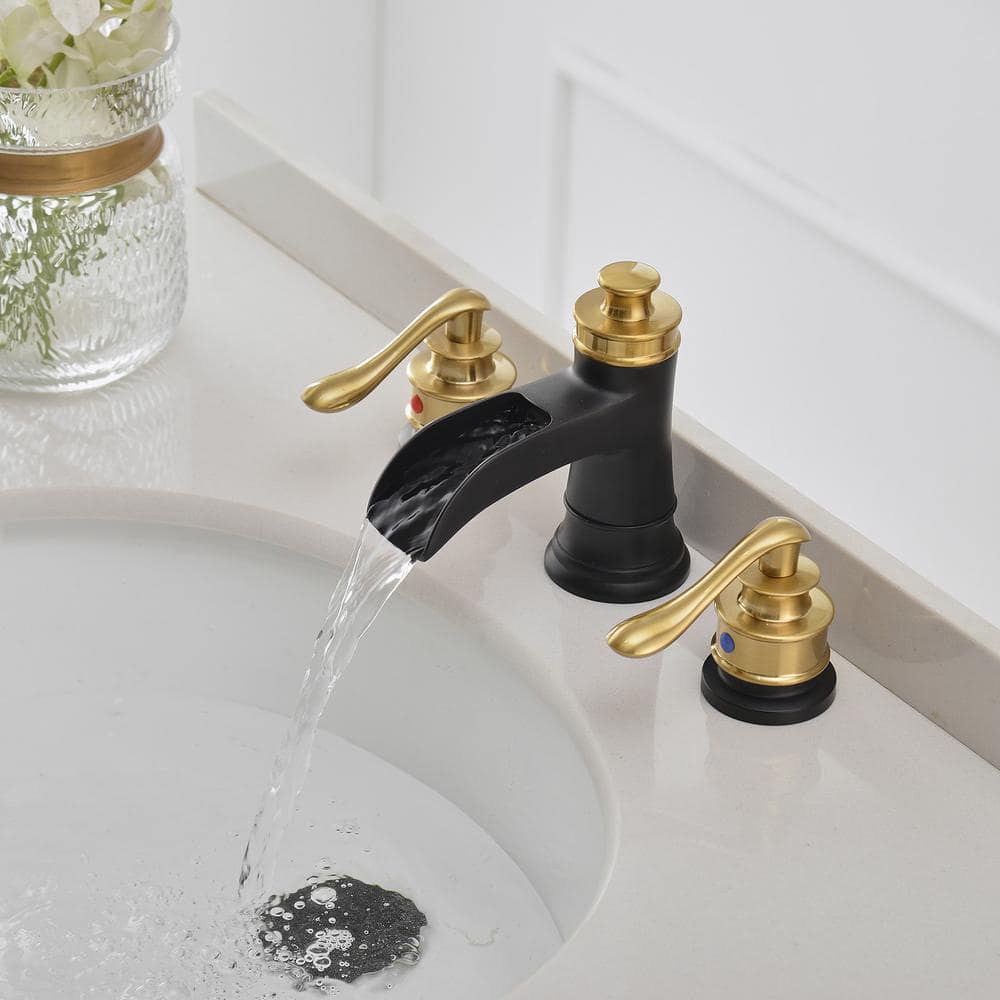 Gold and Black Widespread Double Handle Waterfall Faucet