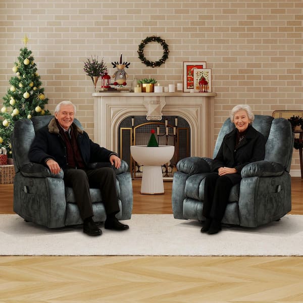 Set of 2- 40.6" W Grey Microfiber Oversize Power Lift Recliner Chair with Massage and Heating