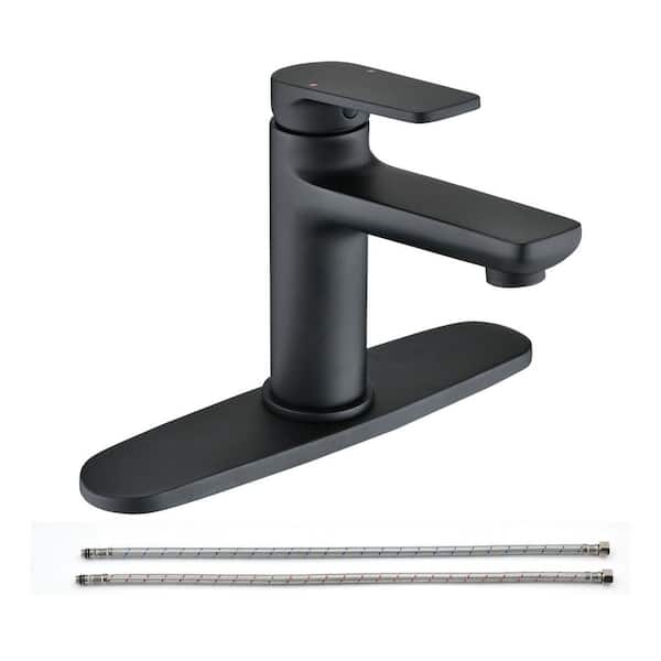 Single Handle Standard Spout Single Hole Bathroom Sink Faucet with Deckplate Included and Spot Resistant in Matte Black