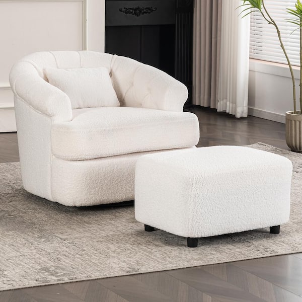 Modern Luxury Teddy Velvet Fabric Swivel Barrel Chair with Ottoman - White