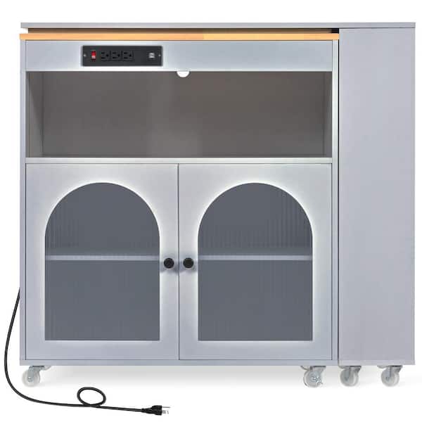 Rolling Kitchen Cart with Extended Table and Wheels with LED Lights, Power Outlets and Glass Door in Grey Blue
