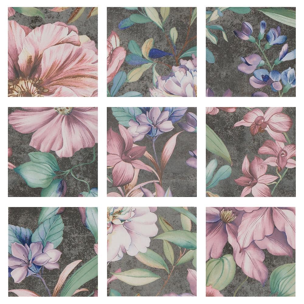Angela Harris 8" x 8" Pink and Gray Porcelain Floral Wall Tile
