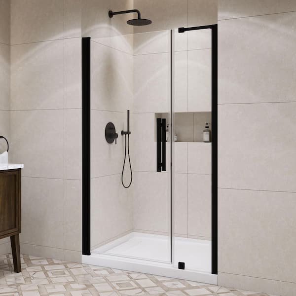 OVE Decors Pasadena 48 in. W x 36 in. L x 72.01 in. H Alcove Shower Kit with Pivot Frameless Door in Black and Shower Pan