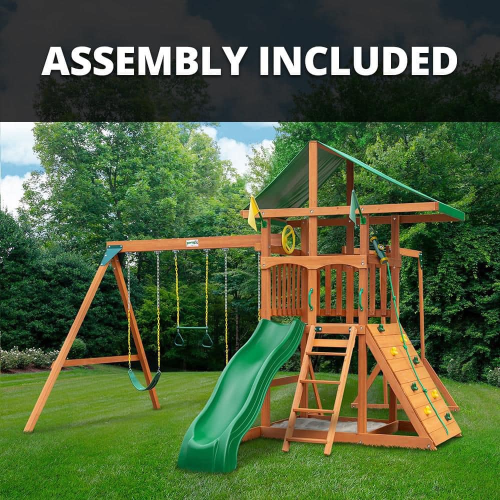 Gorilla Playsets Professionally Assembled Outing III Kids Wooden Outdoor Playground Set with Monkey Bars, Slide, Sandbox, and Swing set