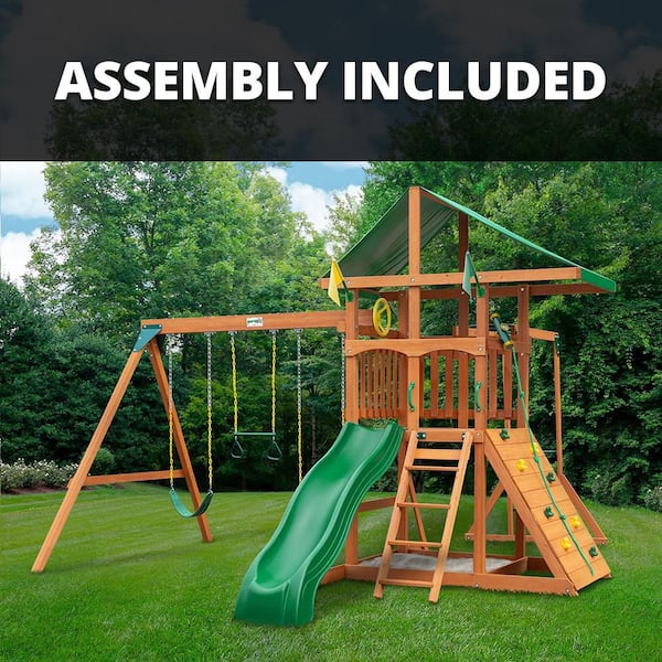 Professionally Assembled Outing III Kids Wooden Outdoor Playground Set with Monkey Bars, Slide, Sandbox, and Swing set
