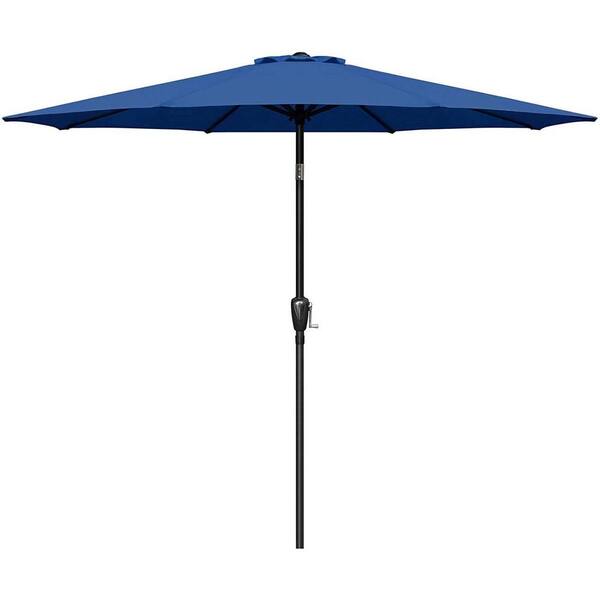 Zeus & Ruta 9 ft Blue Polyester Steel Outdoor Market Umbrella with Button Tilt, Crank and 8 Sturdy Ribs for Garden