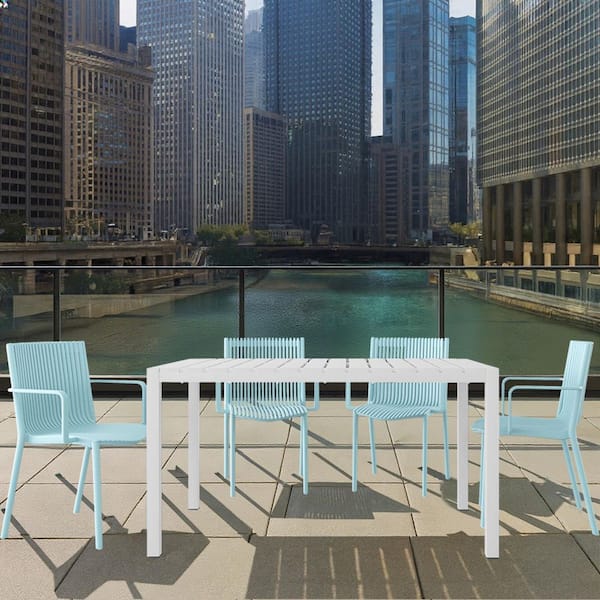 5-Piece Plastic Outdoor Dining Set with Blue Chairs