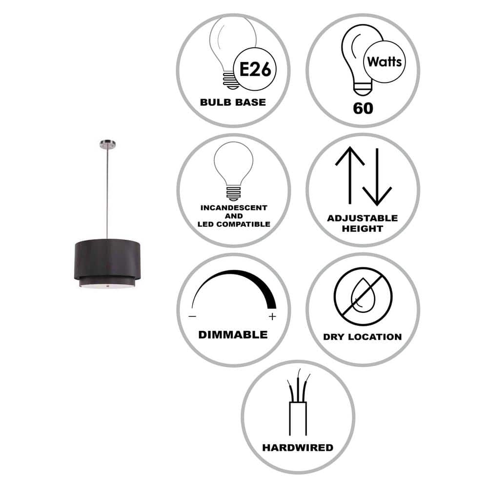 20" Black Linen Drum Pendant with Brushed Nickel Hardware