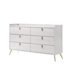 16 in. White and Gold 6-Drawer Wooden Dresser Without Mirror