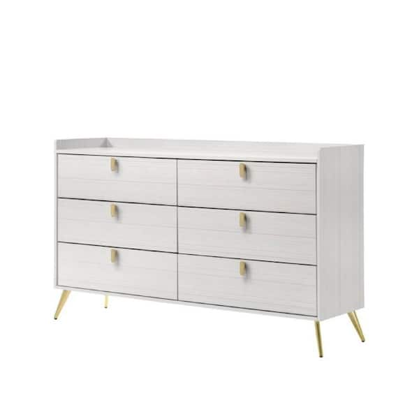 Benjara 16 in. White and Gold 6-Drawer Wooden Dresser Without Mirror ...