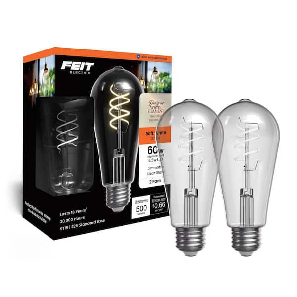 60-Watt Equiv ST19 Dim Double Spiral White Fil Clear E26 Vintage Straight Tapered LED Light Bulb Soft White 2700K 2-Pack