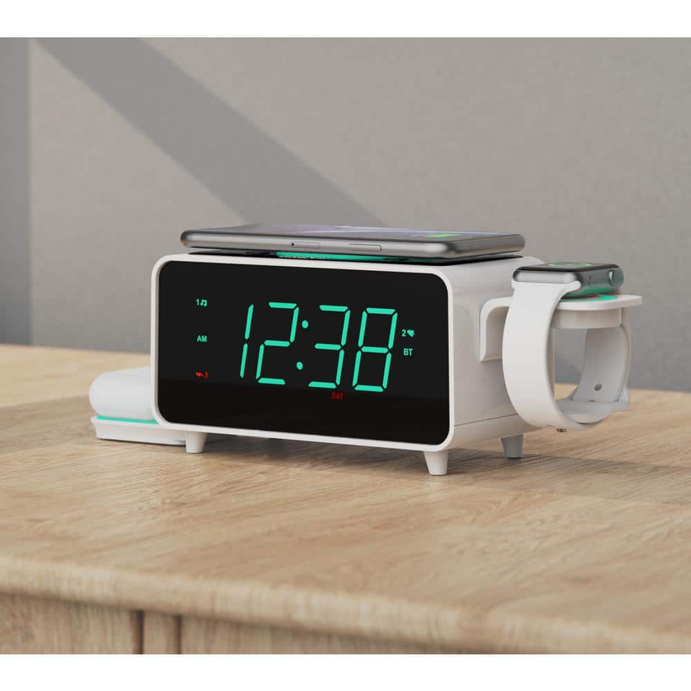 White Digital Alarm Clock with Wireless Charging and Bluetooth Speaker