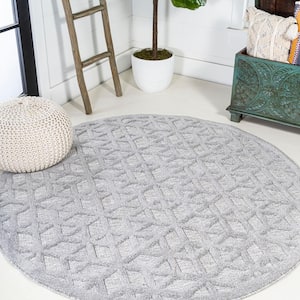 Talaia Neutral Light Gray 5 ft. Round Geometric Indoor/Outdoor Area Rug