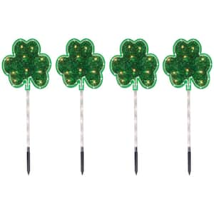 Green Shamrock St Patrick's Day Pathway Marker Lawn Stakes, Clear Lights (4-Count)