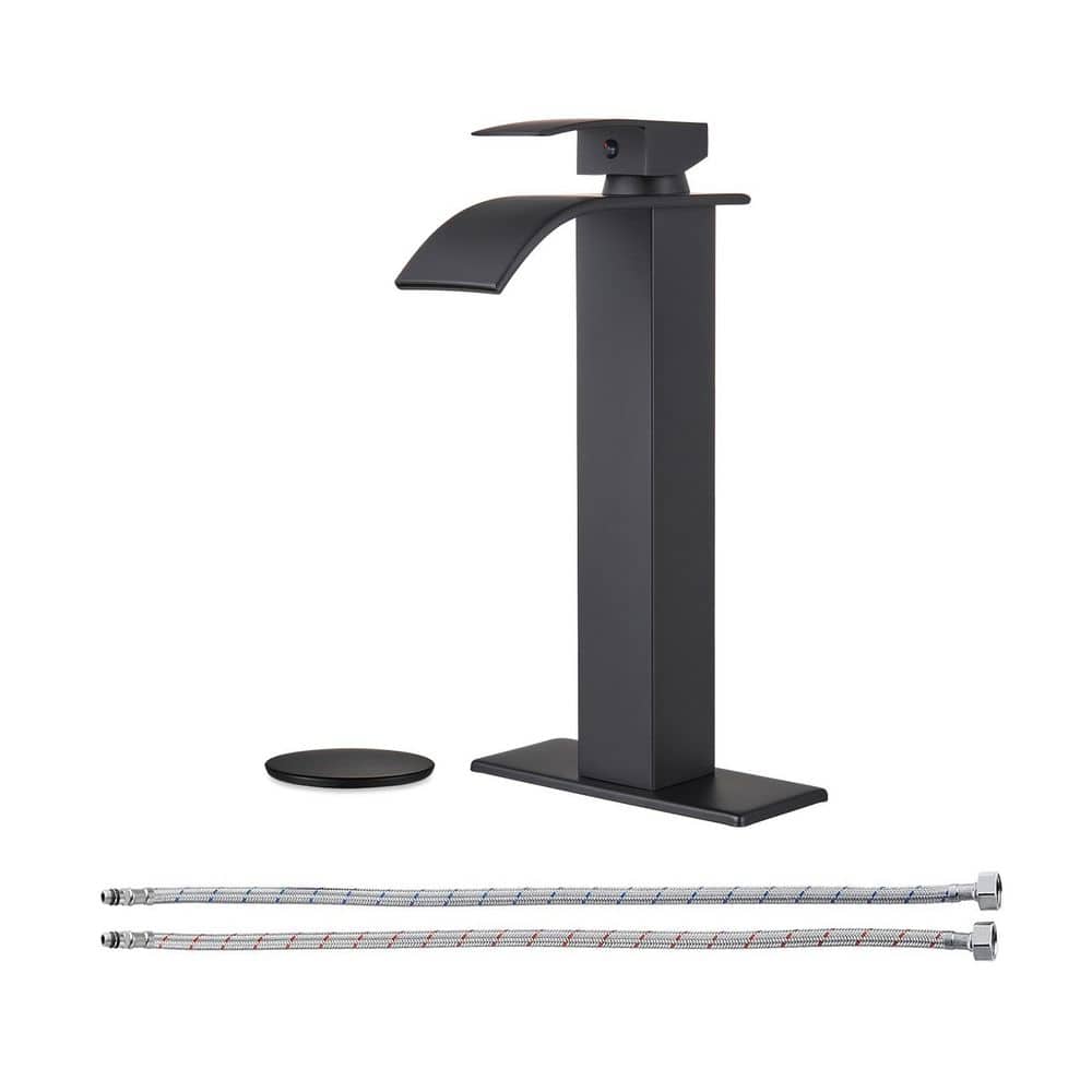 High Arc Waterfall Single Handle Single Hole Bathroom Faucet with Drain Kit Included in Black price history on PriceWatchPro