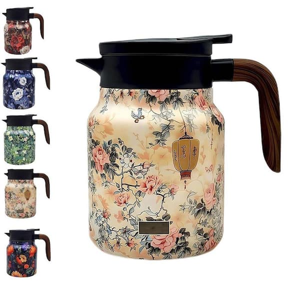 5-Cup Wooden Handle Vintage Floral Pattern Stainless Steel Insulated Teapot with Built-in Infuser Lid 35oz