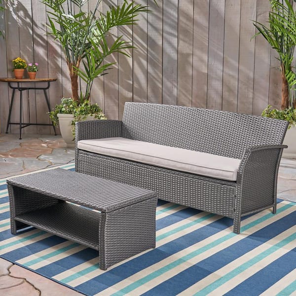 St. Lucia Grey 2-Piece Faux Rattan Patio Conversation Set with Silver Cushions