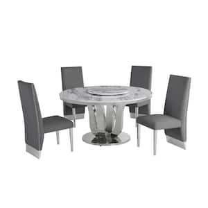 Gina 6-Piece Marble Top With Lazy Susan Stainless Steel Base Table Set With 4 Dark Grey Velvet, Nail Head Trim Chairs