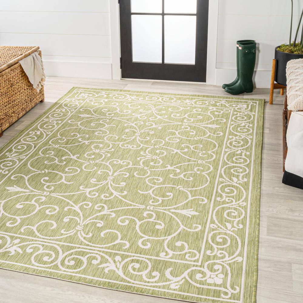 Boho-Chic Green and Cream Vintage Filigree 9' x 12' Indoor/Outdoor Rug