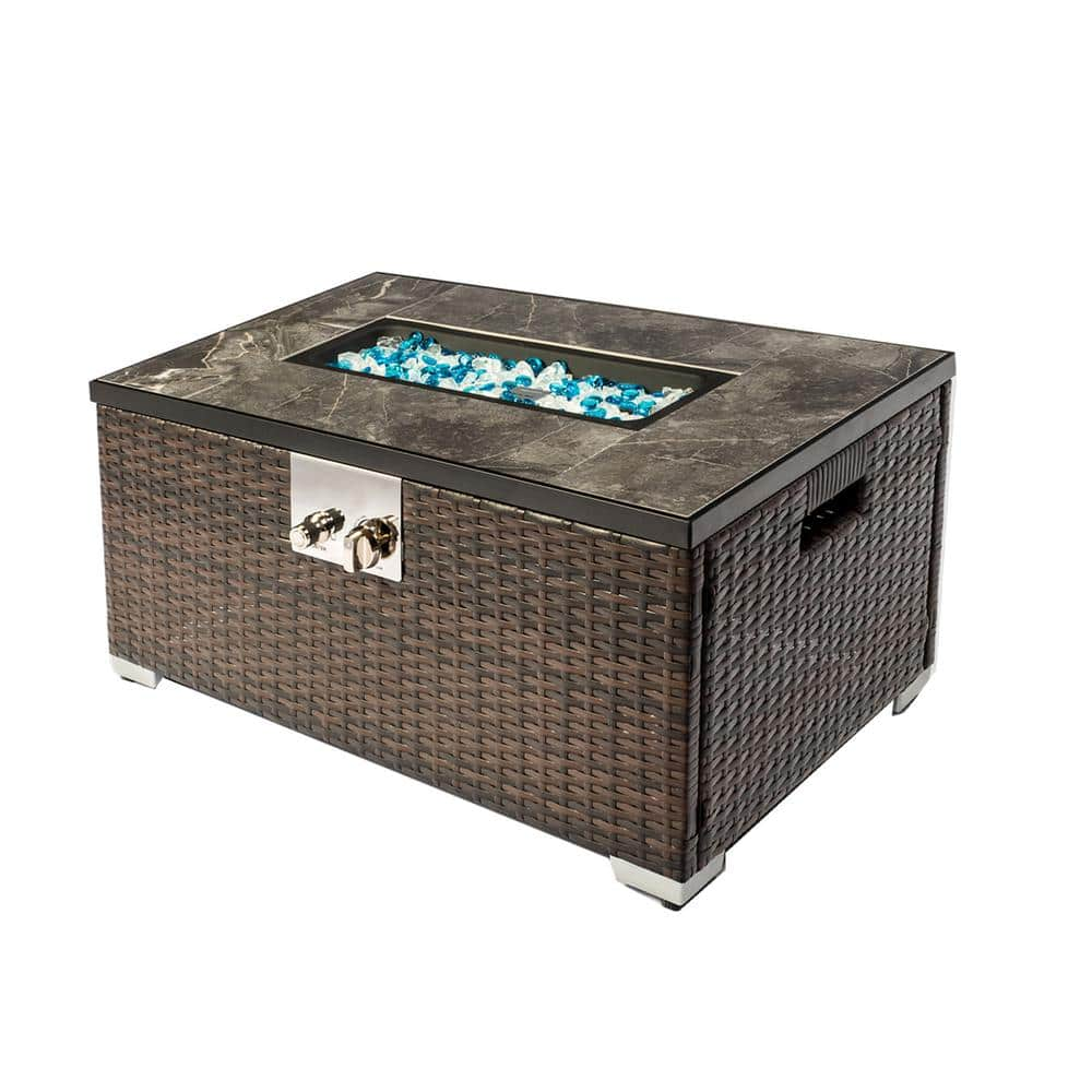 JimsMaison Rectangle Steel and Wicker Gas Outdoor Fire Pits in Brown 32 in. W x 20 in. D x 15 in. H