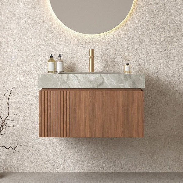 30 in. Single Sink Floating Espresso Bath Vanity with Light Gray Sintered Stone Top
