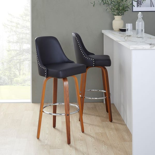 Lumisource Studded Marcel 30.75 in. Black Faux Leather, Walnut Wood, and Chrome Metal Fixed-Height Barstool (Set of 2)