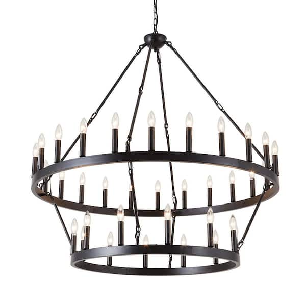 BAOURE 2 Tier Round Wagon Wheel Chandelier 36-Light, Black Extra Large Farmhouse Chandelier for High Ceiling Outdoor