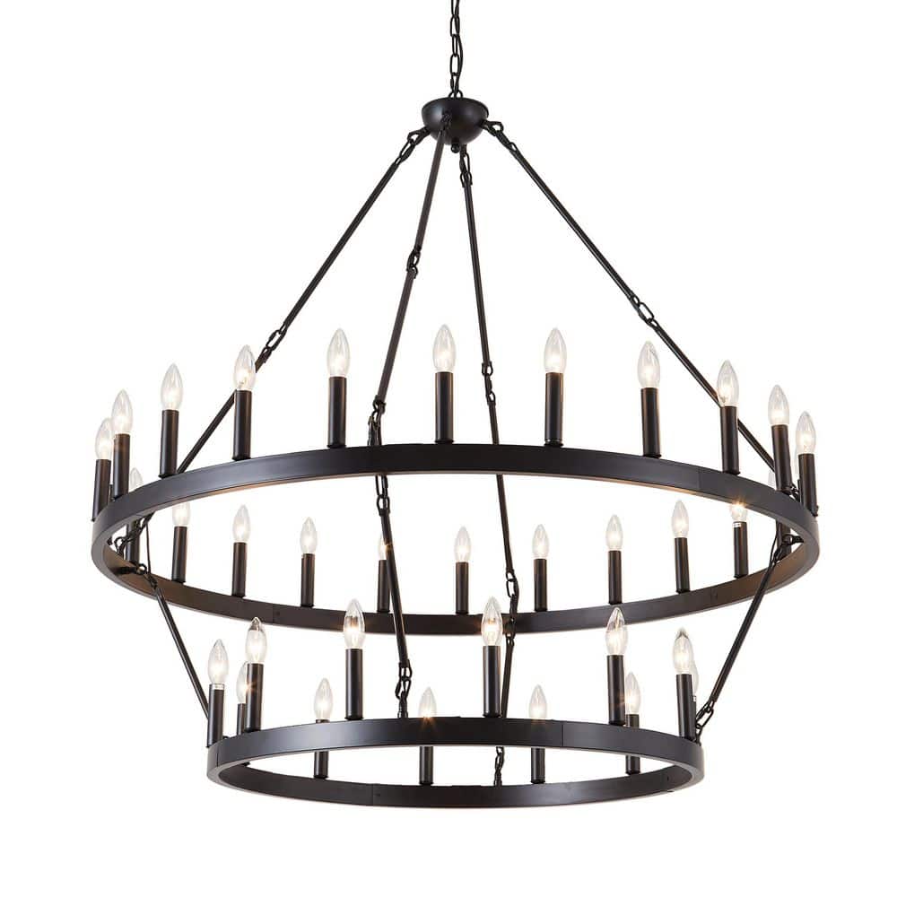 2 Tier Round Wagon Wheel Chandelier 36-Light, Black Extra Large Farmhouse C