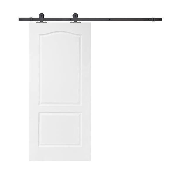 CALHOME 30 in. x 80 in. White Primed Composite MDF 2-Panel Arch Top Interior Sliding Barn Door with Hardware Kit