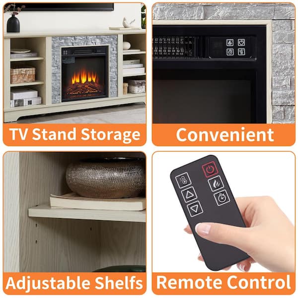 58.31 in. Freestanding TV Stand with 18 in. Electric Fireplace Insert, for TVs up to 65 in., White, Faux Stone Surround