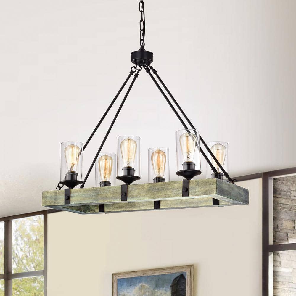 Elk 6-Light Matte Black and Vintage Wood Farmhouse Linear Chandelier with Clear Glass Shades price history on PriceWatchPro