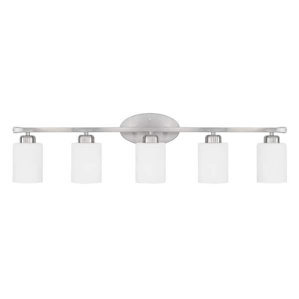 37 in. W x 9 in. H x 8 in. E 5-Light Soft White Glass Vanity in Brushed Nickel