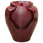 17 in. Tall Red Round Vase Fountain with Ridges Waterfall Indoor Outdoor Decor