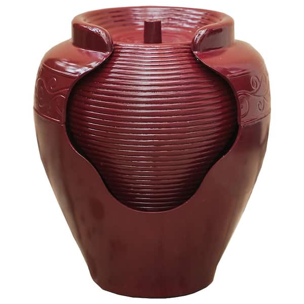 XBRAND 17 in. Tall Red Round Vase Fountain with Ridges Waterfall Indoor Outdoor Decor