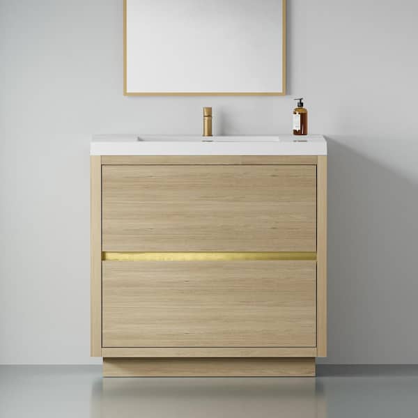 36 in. Freestanding Storage Bath Vanity Cabinet in Natural Oak with White Stone Resin Top