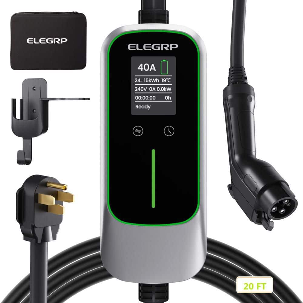 ELEGRP Portable Electric Vehicle Charger Level 2, EV Charger 240v 40A for BEVs/PHEVs,PBE & LCD TH, 25ft Cable W/NEMA 14-50 Plug