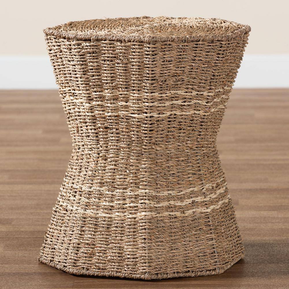 Natural Brown Seagrass Hourglass End Table with Metal Frame