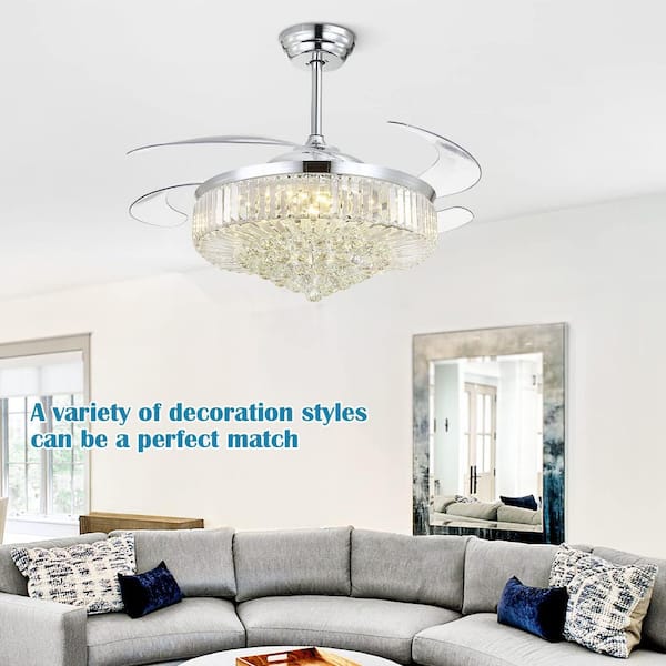 52 in. Smart Indoor Silver Retractable Blades Chandelier Ceiling Fan with Dimmable LED Lights with Remote Included