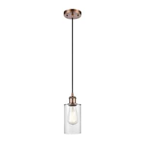 Clymer 1-Light Antique Copper Shaded Pendant Light with Clear Glass Shade