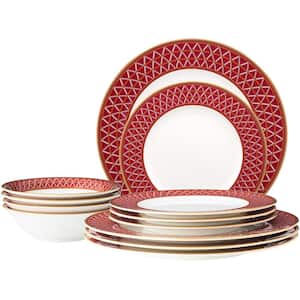 Crochet White and Deep Red, Bone China 12-Piece Dinnerware Set (Service for 4)