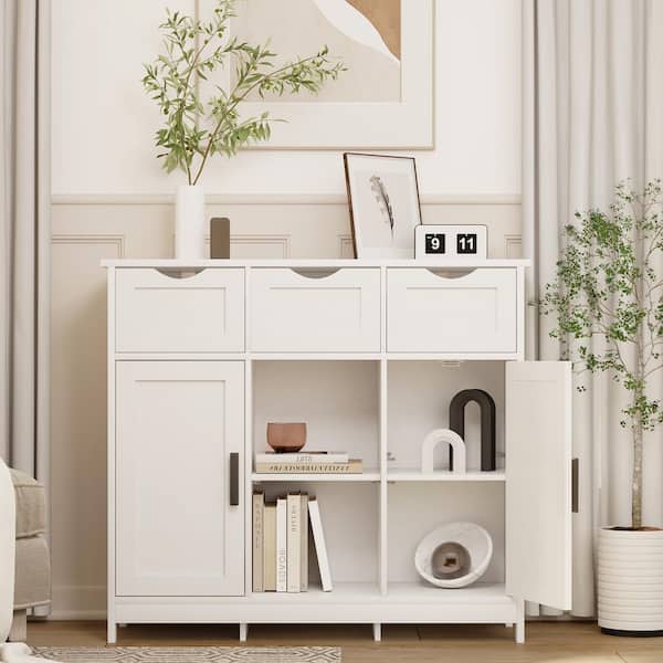 Wooden Storage Cabinet Freestanding with Adjustable Shelf and Double Door, White