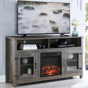 58 in. Farmhouse TV Stand with Electric Fireplace Fits up to 65 in. TV with Storage Cabinet and Adjustable Shelves, Gray