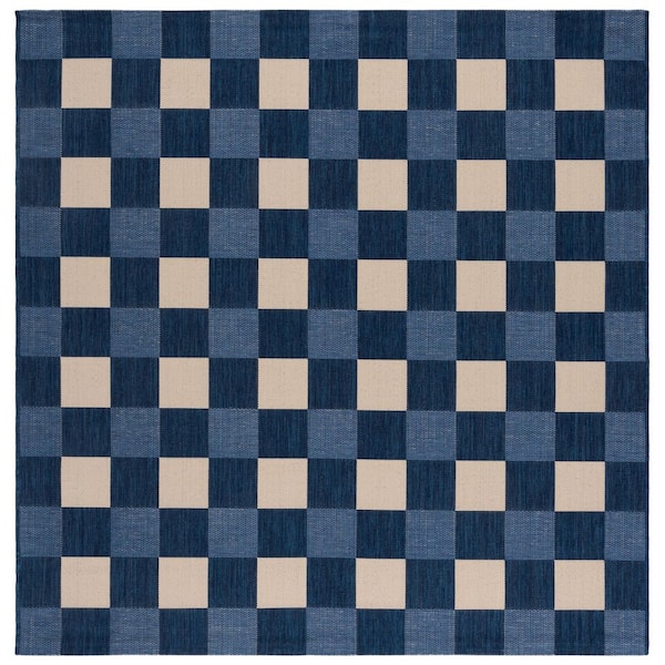Courtyard Navy/Beige 7 ft. x 7 ft. Plaid Grid Indoor/Outdoor Square Area Rug