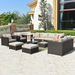 King 12-Piece Big Size Wicker Outdoor Patio Conversation Seating Set with Beige Cushions