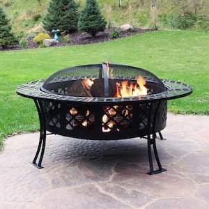 Diamond Weave 40 in. x 20 in. Round Steel Wood Burning Fire Pit in Black with Spark Screen